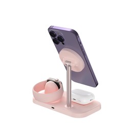 MR. GADGETS Soporte de Carga Inalámbrica 3 en 1, Estación Cargador 15W Ajustable, Wireless Charger con Tecnología Qi Base Cargadora Magnética Charging Stand de Escritorio/Audifonos/Watch (Rosa)