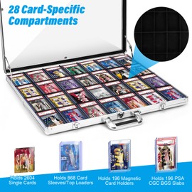 Famaster Trading Card Display Case with 28 Removable Grids, Locking Aluminum Frame Showcase Compatible with PSA Slabs, Graded Cards, Baseball & Sports Card Collectibles