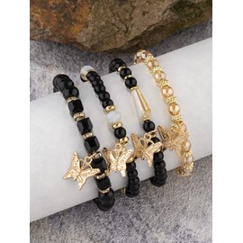 Atiptu Bohemian Butterfly Crystal Stone Stretch Bracelets for Women Gold Beaded Stackable Stretch Bracelet Colorful Charm Jewelry (Black)