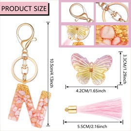 XGALBLA Cute Pink Crystal Key Chains for Girls Women, Initial Letter Keychains with Tassel Butterfly Bag Charms for Key Purse Handbags Backpacks(N)