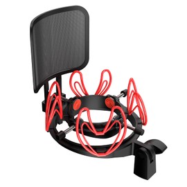 Mictop Universal Microphone Shock Mount with Pop Filter for All Microphones Size at 21mm-62mm, Includes Anti-Vibration Mic Holder and Pop Filter (Red)