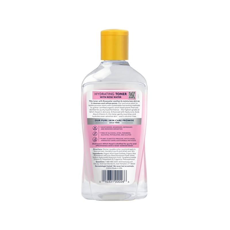 Dickinson's Enhanced Witch Hazel Hydrating Toner with Rosewater, Alcohol Free,
