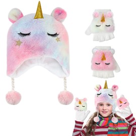 Hifot Unicorn Hat and Gloves Set Children Girls 3-Piece Unicorn Beanie Hat Children's Gloves Set for 3-10 Years, Beanie Hat Kids Winter Gloves Fingerless with Cap Winter Warm Set, multicoloured