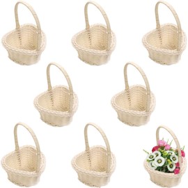 Flower Basket Wedding White, Pack of 8 Wedding Basket with Handle, Mini Flower Basket, Wedding Candy Rattan, Flower Girl Basket with Handle for Wedding, Table Decoration, Ceremony Party (White, S)