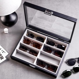 ProCase Wooden Sunglasses Organizer Trays for Men Women, Narrow Frame Glass Display Case Multiple Eyewear Eyeglass Holder Storage Box -Black