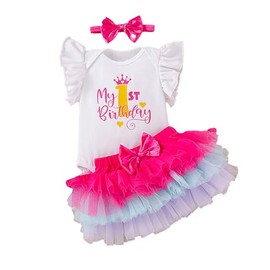 Magic Park 9-12M - Conjunto de traje de bebé para niña de primer cumpleaños con diadema, My 1st Body Falda Rosa Oscuro, 9-12 meses