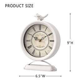 ChimeTide Vintage Table Clock with Bird, European Antique Style White Mantel Clocks, Desk and Shelf Decor Clock, for Farmhouse, Bedside, Living Room, Bedroom, Gift (9" H x 6.5" W)