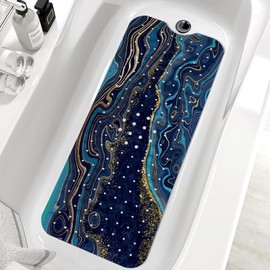 Marble Bath Tub Mat Non Slip, Blue Geometric Marble Non Slip Bath Mat for Shower, Large Washable Shower mats for Showers with Drain Holes and Suction Cups,40 X 16 Inch
