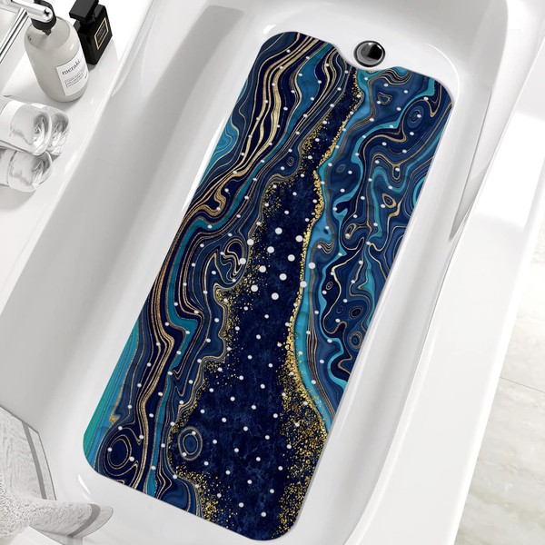 Marble Bath Tub Mat Non Slip, Blue Geometric Marble Non