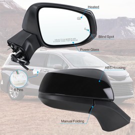 Lqito Right Passenger Side Door Mirror Compatible With 2021-2025 Toyota Sienna With Manual Folding Power Glass Heated Blind Spot Blakc Replace#8791508040(6Pins)