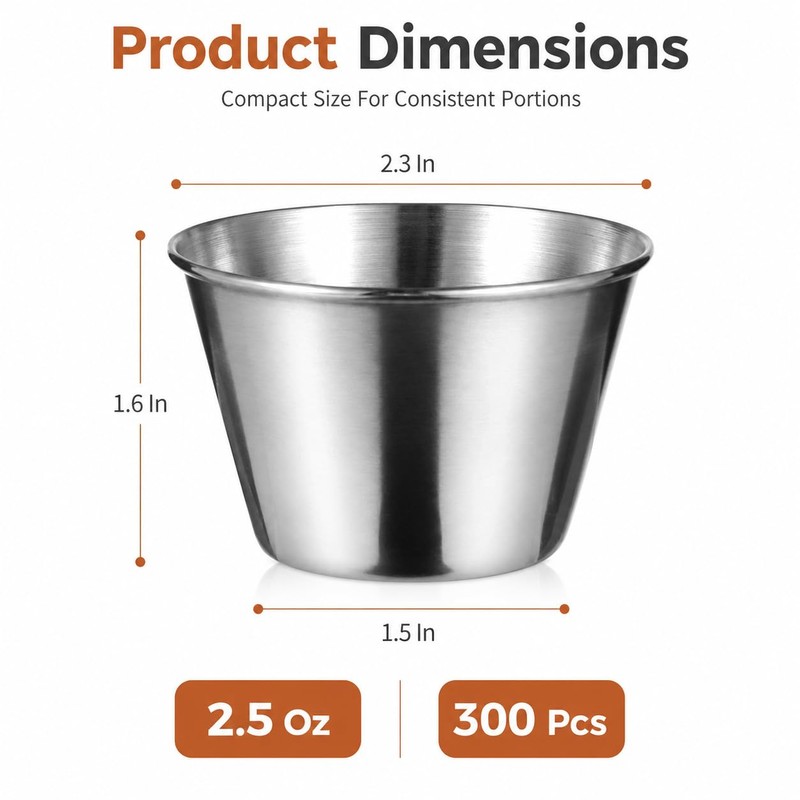 NIMBLOOM 300 Pack Stainless Steel Sauce Cups, 2.5 oz Stackable