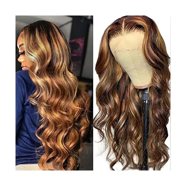 Bele Highlight 4/27 Color Body Wave Human Hair Wigs Ombre 13x6 T-Part Lace Front Wigs 150% Denisty Brazilian Human Hair Wigs Glueless Wig Pre-Plucked with Baby Hair for Black Women 22 inch