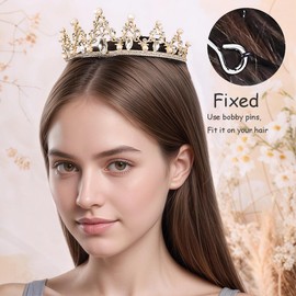 Rannyrena - Tiaras y coronas de vidrio barroco de perlas para mujer, elegante corona de diamantes de imitación, accesorios para fiesta de cumpleaños, graduación, Normal, aleación, perla, vidrio, No es