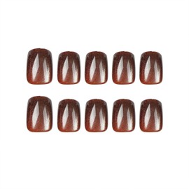 Short Press on Nails, Square Cat Eye Acrylic Nails Press ons Artificial Fake Nails Brown Full Cover False Nails with Designs Glossy Stick on Nails for Women 24 Pcs