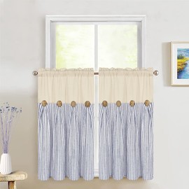 ASPMIZ Cotton Linen Kitchen Curtains 24 Inch Length Sets, Boho Rustic Button Tier Curtain Farmhouse Blue Stripe Half Window Curtains, Country Short Rod Pocket Curtain for Small Window, 2 Panels