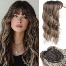 Hair Toppers for Women, 20 Inch Long Curly Wavy Hair Topper 360° 3D French Clip in Bangs (Highlights Brown with Brown Root, French Bangs)