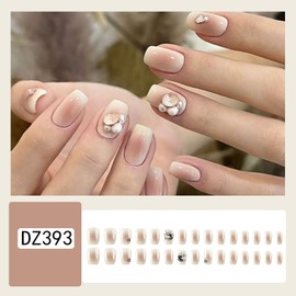 Vezocim Press on Nails Short Square-24Pcs Glossy Full Cover Acrylic White False Nails with Rhinestone Designs Artificial Extra Short Square Fake Nails with Glue Stick on Fingernails for Women Girls
