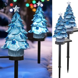 Dazzle Bright 2 Pack Solar Powered Fairy Garden Blue Christmas Tree Pathway Lights, Resin Walkway Lights Decorative Stakes Christmas Tree Figure Statue Decorations for Lawn Pathway Xmas Yard Gifts