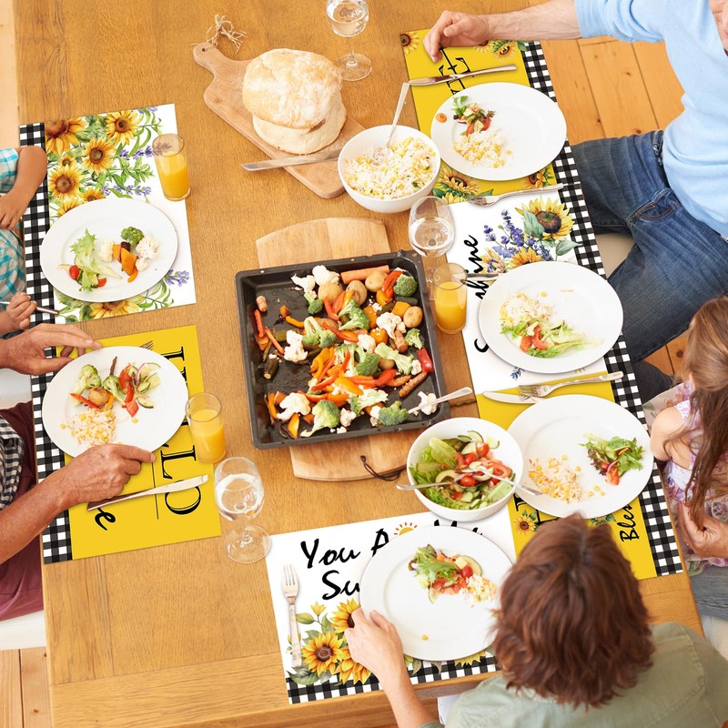 Sunflower Placemats Set of 6 Summer Table Mats Washable Square