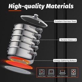 Steamer Pot11.81in/30cm for Cooking, Stainless Steel 5 Tier Steamer Pot for Cooking with Transparent Pot Lid & Handles, Food Steamer Cookware for Gas Electric Stove (5 Tier 30cm)