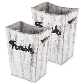 Maxcheck 2 Pcs Farmhouse Bathroom Wood Trash Can, 2 Sizes Rustic Square Wastebasket Bin with Convenient Handle for Bathroom, Kitchen, Bedroom, Office(White)