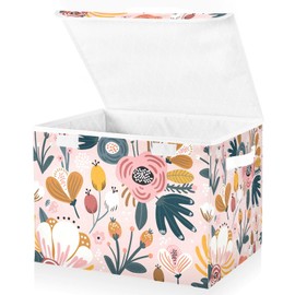 ZOEO Colorful Flowers Floral on Pink Large Lidded Storage Bin Foldable Storage Boxes Cubes Baskets Lids with 2 Handles for Home Bedroom Office 16.5x12.6x11.8inch