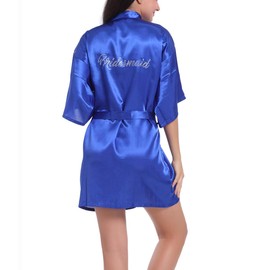 Lovacely Kimono corto de satén para mujer, para dama de honor, boda, fiesta, preparación, batas con diamantes de imitación, Azul Royal, S