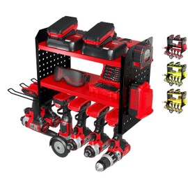 BUILTSTRONG Power Tool Organizer-6 Drill Holder Wall Mount, 3 Tier Heavy-Duty Hand Tool Storage Rack, Utility Racks, Drill Holder, 2 Pegboard Sides - Garage Storage Cordless Tool Organizer (Red)