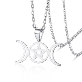 VASSAGO Triple Moon Goddess Pendant Wicca Pentagram Amulet Necklace Stainless Steel Jewelry, Stainless Steel, No Gemstone