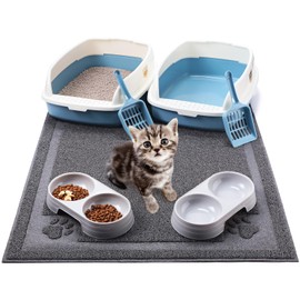 Sliner 7 Pcs Kitten Litter Box Starter Kit, 2 Plastic Small Kitty Litter Box Training Low Entry Cat Litter Box with Scoop, 2 Whisker Friendly Double Cat Bowl and Litter Mat for Kitten Indoor(Blue)