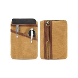 SAYRAM SP9 Pocket Organizer, Waxed Canvas EDC Pouch, Zipper Pocket Organizer Pouch for Men, Slim EDC Organizer for Coins, Notebook, Multitool, Tactical Pen (Tan)