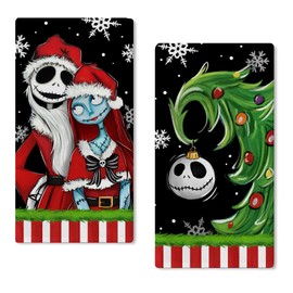 Seliem Christmas Jack Sally Skeleton Kitchen Dish Towels Set of 2, Ni GHT m are BE.Fore Xmas Pine Tree Skull Hand Towels Black Drying Baking Cooking Cloth, Funny Holiday Home Kitchen Decor 18x26 Inch
