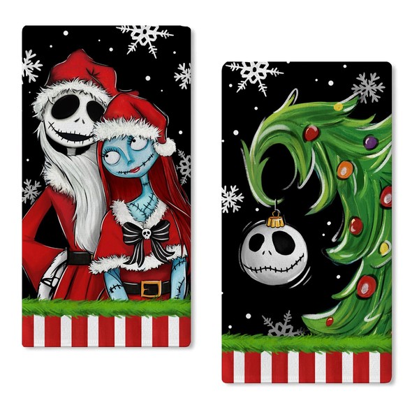 Seliem Christmas Jack Sally Skeleton Kitchen Dish Towels Set of 2, Ni GHT m are BE.Fore Xmas Pine Tree Skull Hand Towels Black Drying Baking Cooking Cloth, Funny Holiday Home Kitchen Decor 18x26 Inch