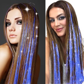 Blue Hair Tinsel Kit, COLOR SHE Tinsel Hair Extensions with 8 Packs 48inch 1600 Stands Glitter Sparkle Colorful Shiny Tensile, Cute clawclips Tools Beads Prefect for Kids Girls Women Hair Accessories Set (Navy Blue)