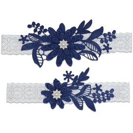 GARGALA Juego de ligas de encaje para novia con piedra de rinoceronte y perla, marino, M