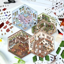 4 Sets DIY 3D House Stickers,Funny Cute Cartoon Scene Stickers, DIY Stickers Scene Make Your Own House|House|Coffee Shop, Holidays Birthdays Christmas Gifts