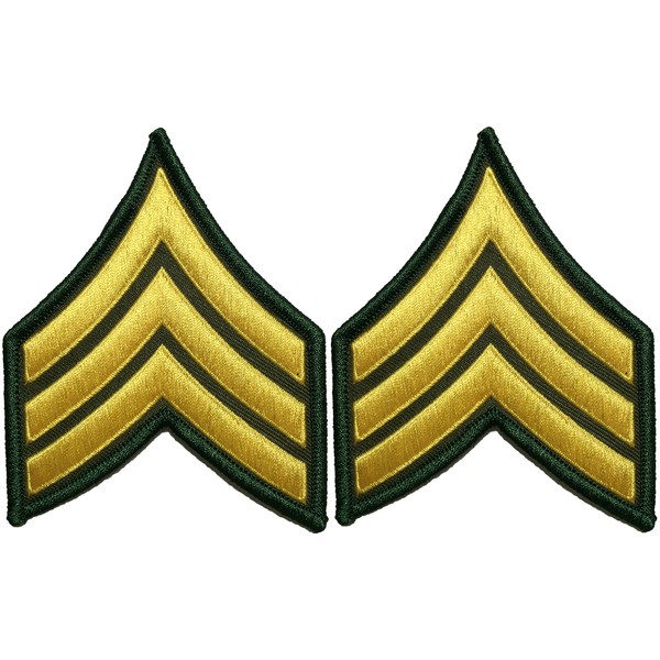 Set 2 U.S. Army Sergeant E-5 Stripe Army Uniform Chevron Rank Sew on Iron on Arm Shoulder Embroidered Applique Patch - Gold on Green - By Ranger Return (RR-IRON-SERG-E503-GRGL-SET2)