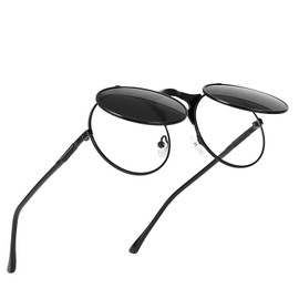 Glclrs Round Flip Up Sunglasses – Small Flip-Up Shades with Double Lenses -Cool Glasses for Men（Black）