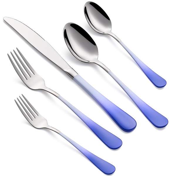 MDEALY 20-Piece White and Blue Silverware Set for 4, 18/0
