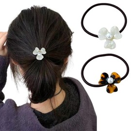 Flower Hair Scrunchies for Women Brown White Elastic Pearl Hair Ties Flower Thin Hair Ties Floral Ponytail Holder Spring Hair Accessories Hair Bands 2Pcs
