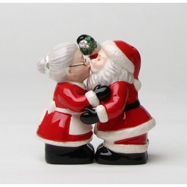 Fine Ceramic Santa Couple Kissing Under The Mistletoe Salt & Pepper Shakers Set, 3-3/8" H