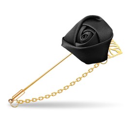 Mens Lapel Pin for Suits Black Rose Flower Brooches with Gold Leaf Chain Pins Groom Handmade Boutonniere for Wedding Corsage Vintage Floral Brooch Pins Accessories