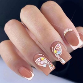 Short Press on Nails Fake Nails, False Nails with Sparkling Colorful Butterfly&Rhinestones Designs White French Tip Glue on Nails Short Acrylic Artificial Nails Stick on Nails For Women 24Pcs