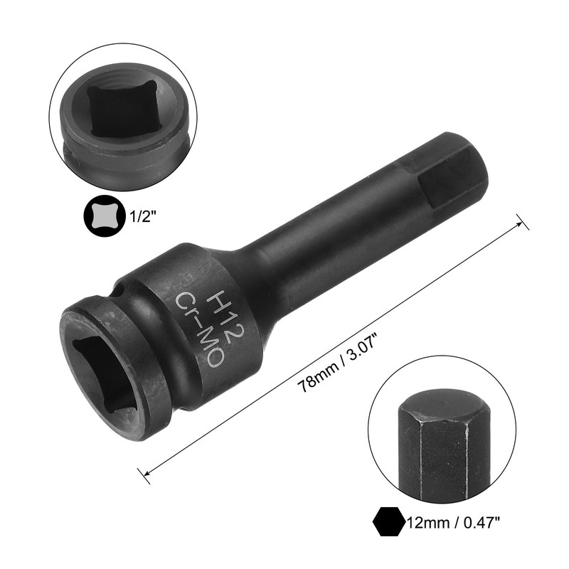 sourcing map 12mm Hex Impact Bit Socket H12 1/2" CR-MO