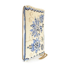 Mary Frances Easy Street Beaded Floral Crossbody Cell Phone Bag Clutch with Embroidery and Removable Chain Strap, Ivory/Blue