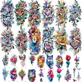 Aresvns Cute Watercolor Rose Temporary Tattoos For Women, 30 Sheets Colorful Fake tattoos Long Lasting, Flower Temp Tattoo Stickers Moon Snake Lion Wolf Tiger