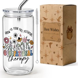 Occupational Therapy Gifts for Women OT Therapist 16Oz Glass Cups with Lids & Straws, Wildflower Inspirational Coffee Cup, Graduation Thank You Birthday Appreciation Gifts for OT Assistant Counselor