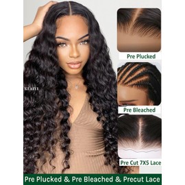 KLAIYI Water Wave Bye Bye Knots Glueless Wig Human Hair 7x5Precut Lace Front Pre Plucked Bleached Wear and Go Wig with Curly Baby Hair Drawstring 3S Ready to Go Pre Everything Beginner Friendly 18Inch