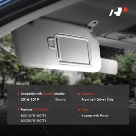 A-Premium Left Driver Side Sun Visor Compatible with Hyundai Elantra 2016 2017 2018 2019, with Mirror, without Light, Gray