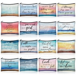 Pinkunn 16 Pcs Canvas Cosmetic Bag Bulk Inspirational Quotes Makeup Bags with Zipper Encouragement Travel Toiletry Pouch Appreciation Gift for Christmas Teacher Birthday Graduation(Bible Landscape)